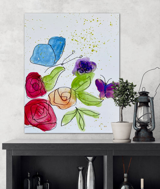 Roses and Butterflies - Stretched Canvas Print in more sizes