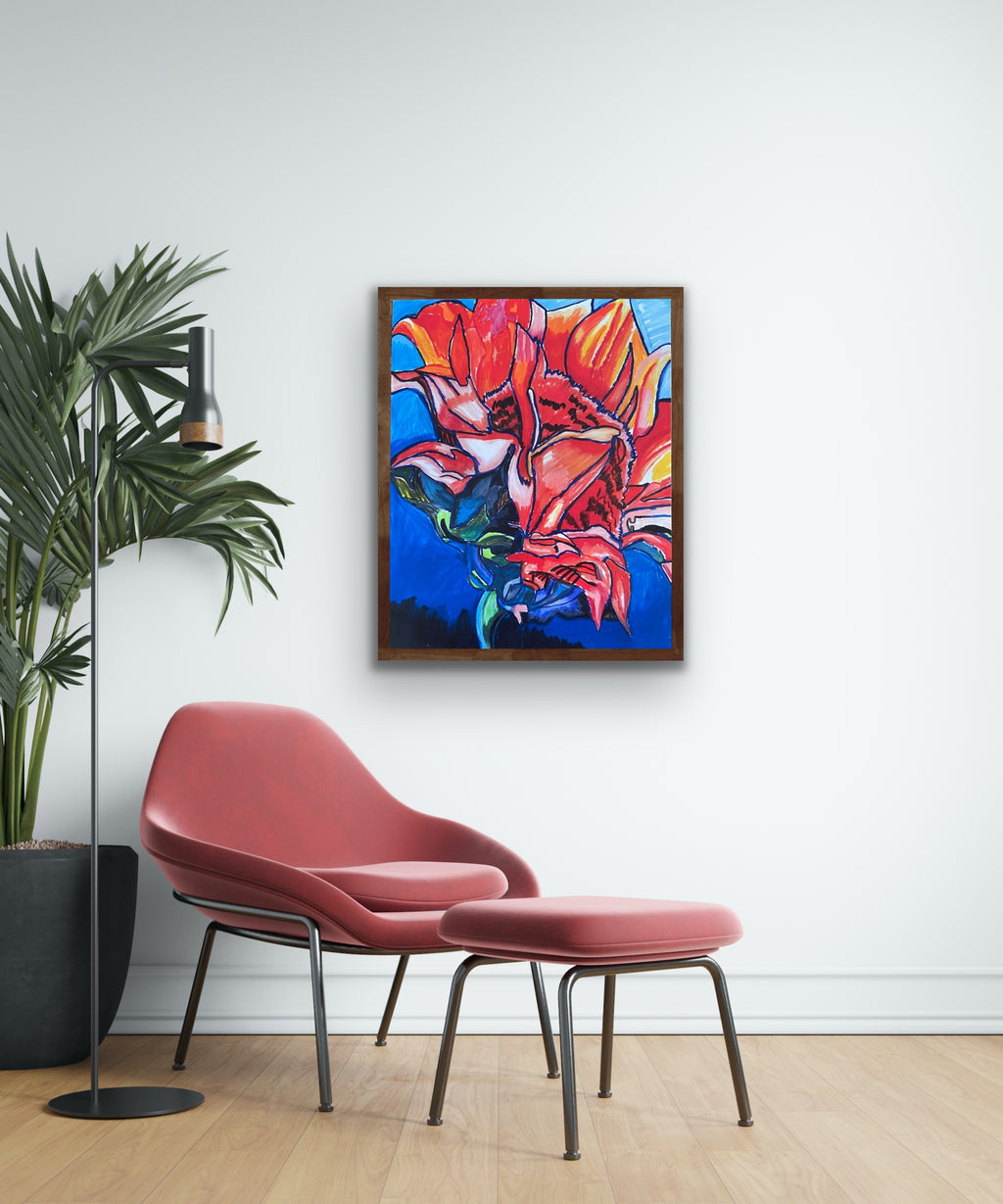 Fire Flower - Sunflower - ORIGINAL 14x17" FRAMED