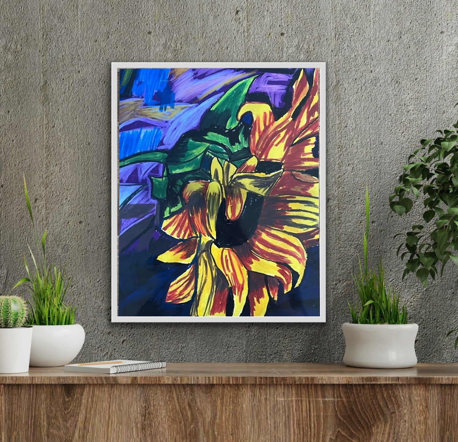 Shy Sunflower FRAMED - ORIGINAL 14x17” - Vichy's Art