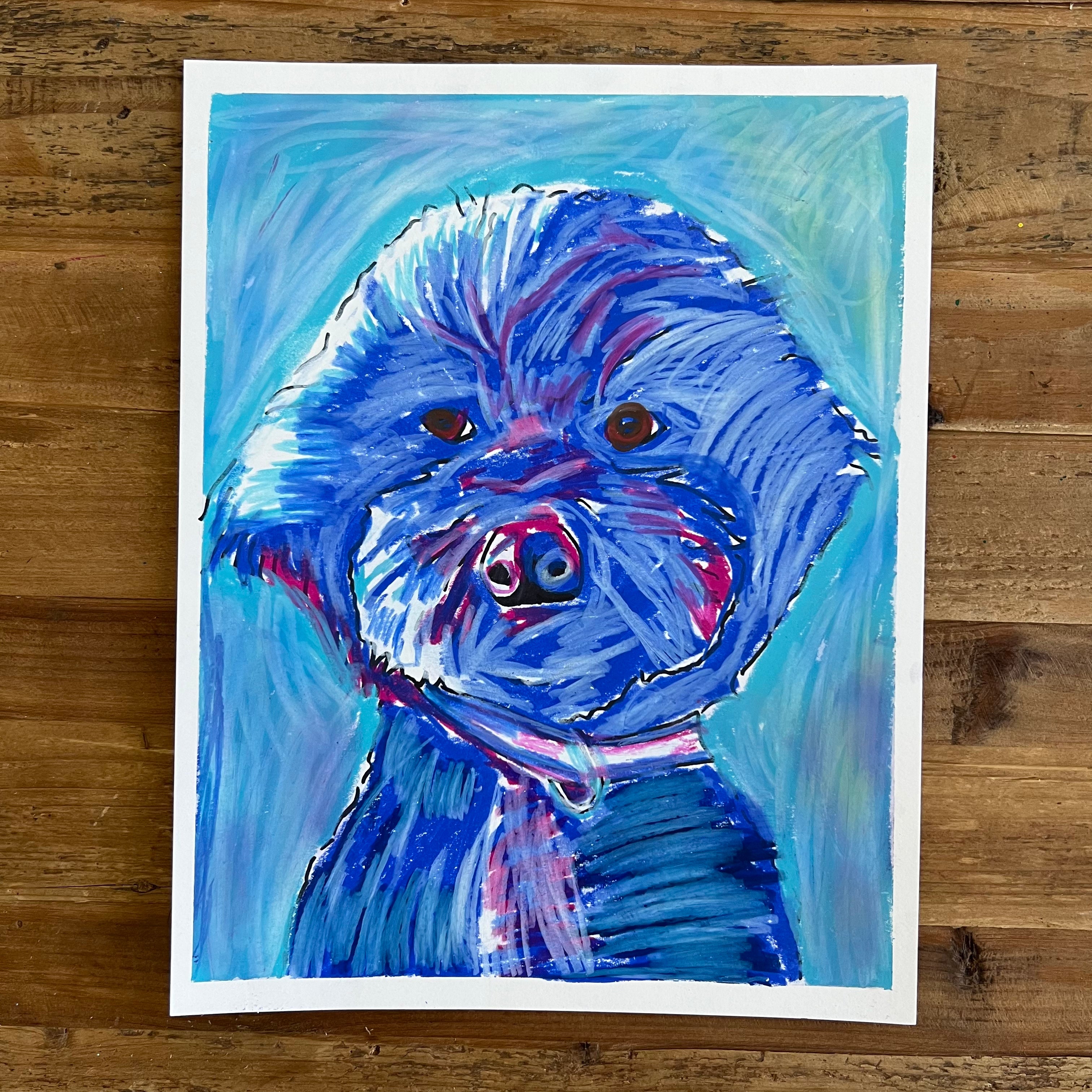 Blue Poodle - ORIGINAL OIL PASTEL ARTWORK - 11x14"