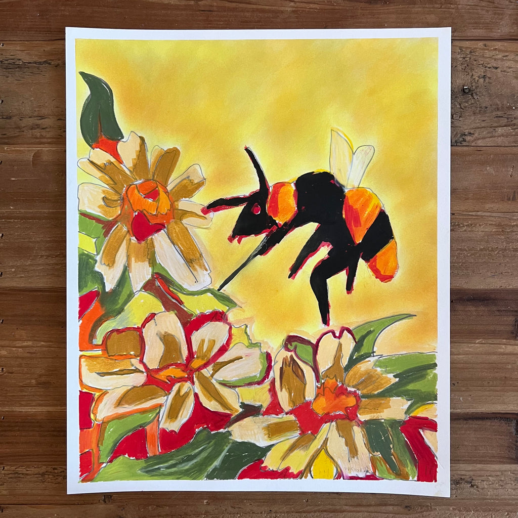 Sunflowers and the Bee - ORIGINAL Oil Pastel art 14x17"