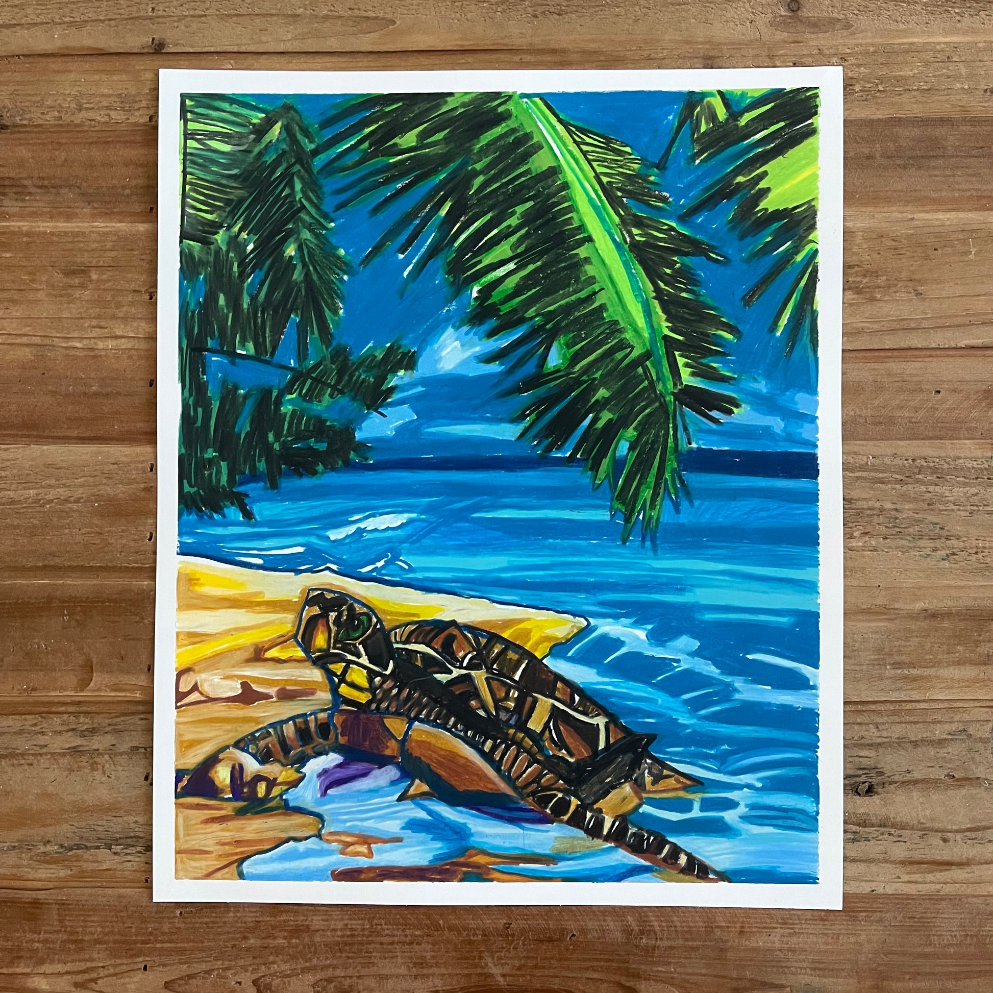 Turtle on the shore - ORIGINAL 14x17” - Vichy's Art