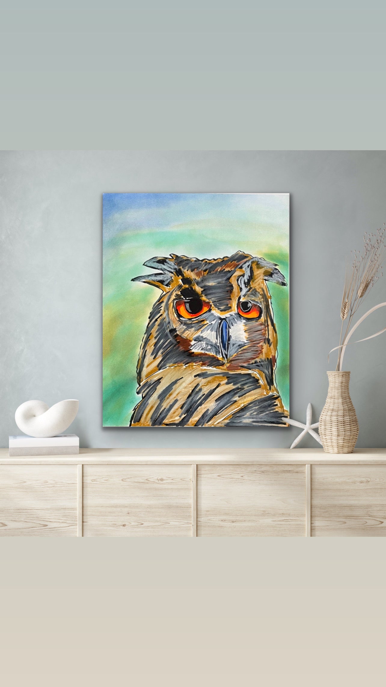 Owl   - ORIGINAL OIL PASTEL ARTWORK - 14x17" - FRAMED
