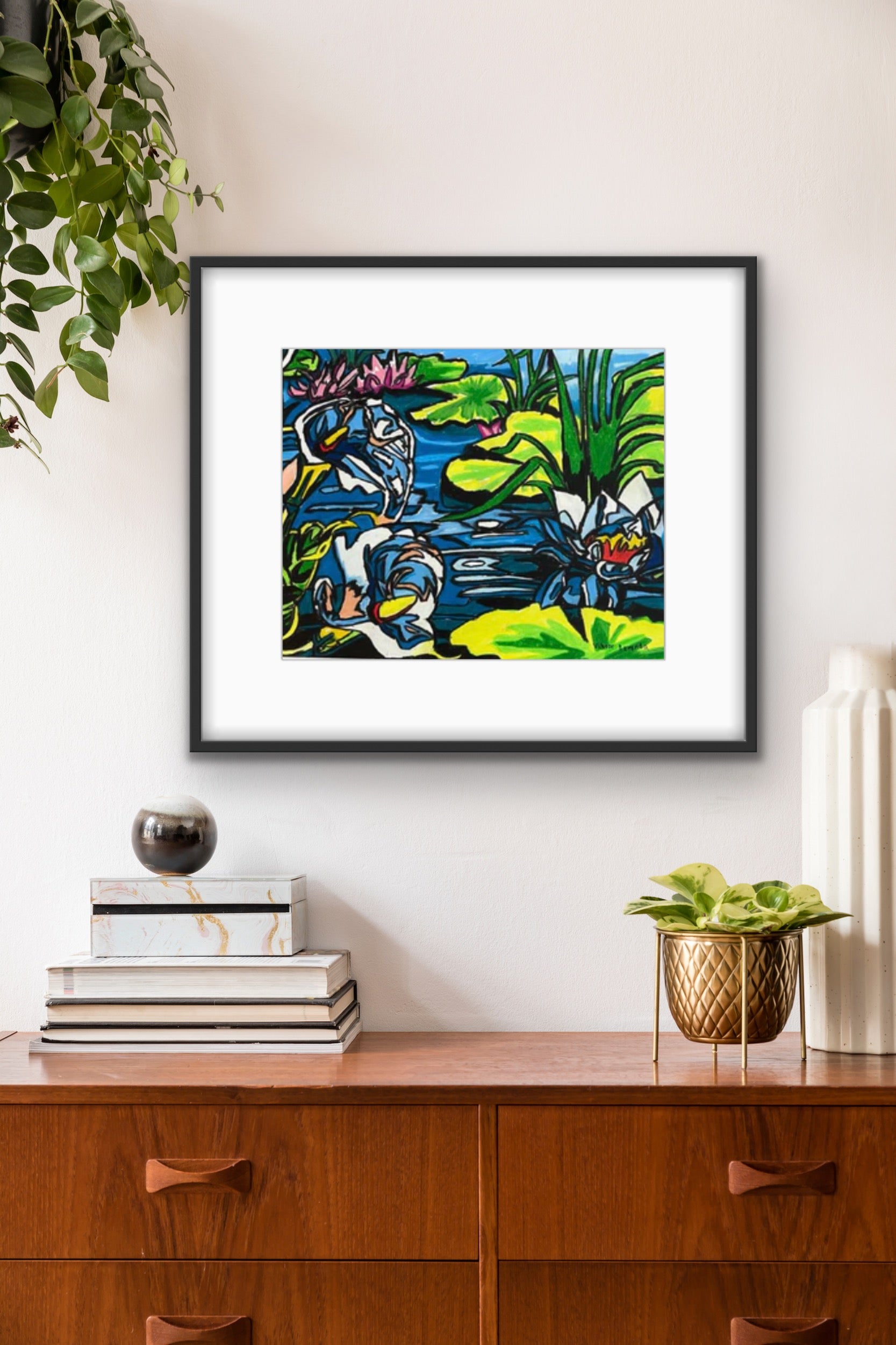 Lotus in the pond - ORIGINAL 14x17” - FRAMED - Vichy's Art