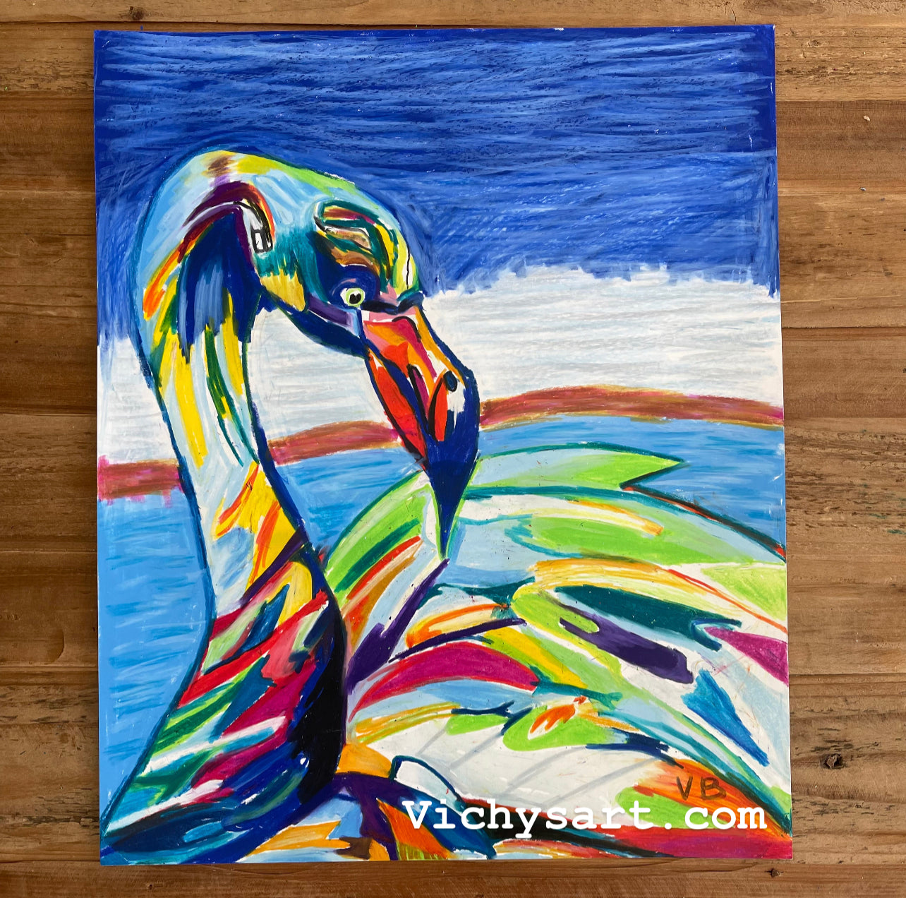 Colorful Flamingo -Framed- ORIGINAL  14x17” - Vichy's Art