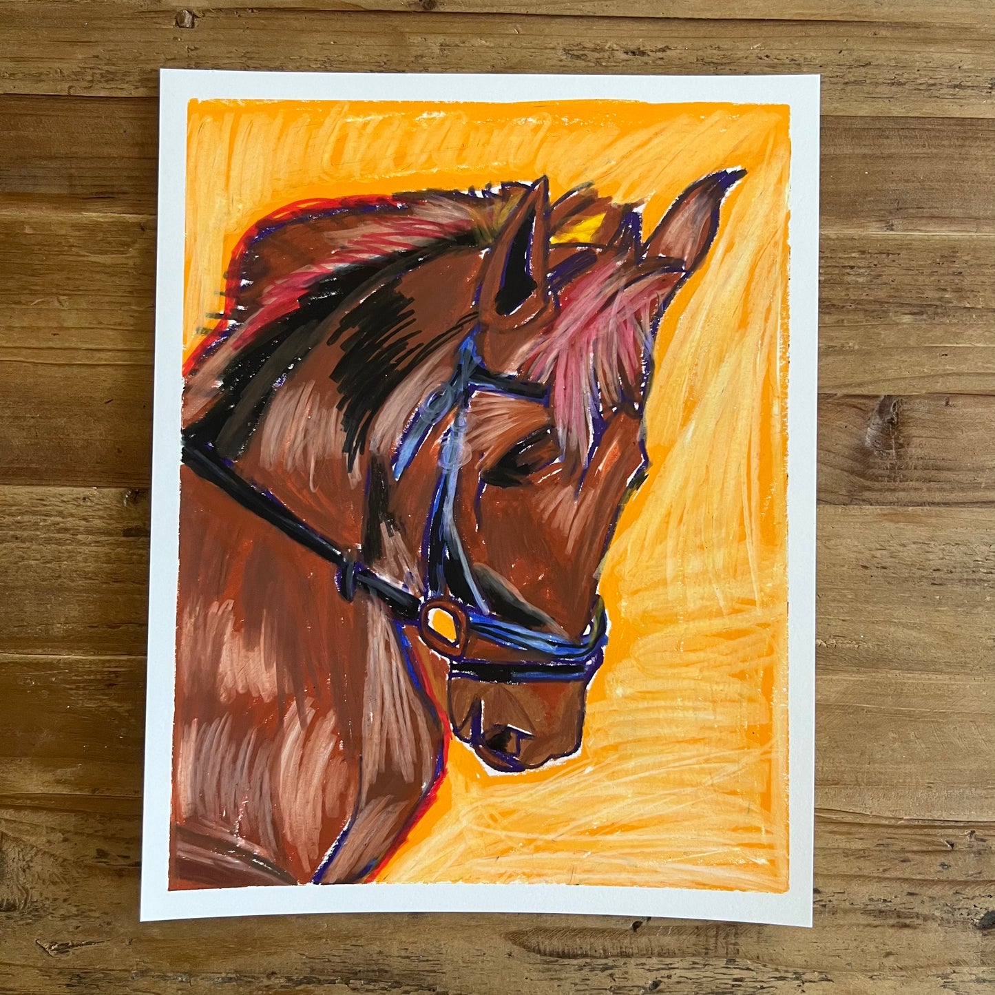 Brown Horse with orange background - ORIGINAL 11x14"