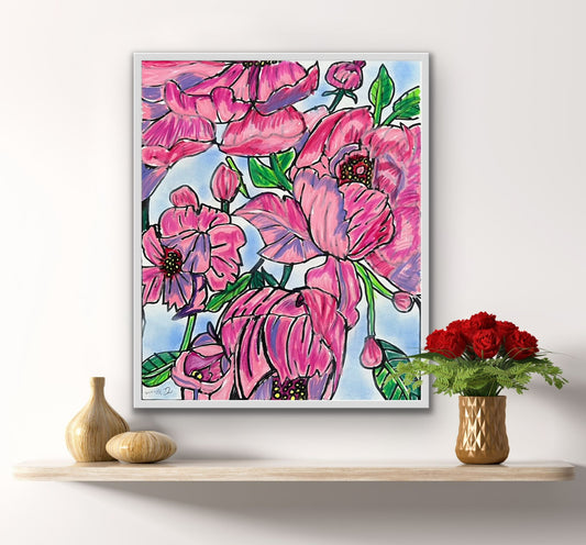 Pink Peony - ORIGINAL Oil Pastel art 14x17"