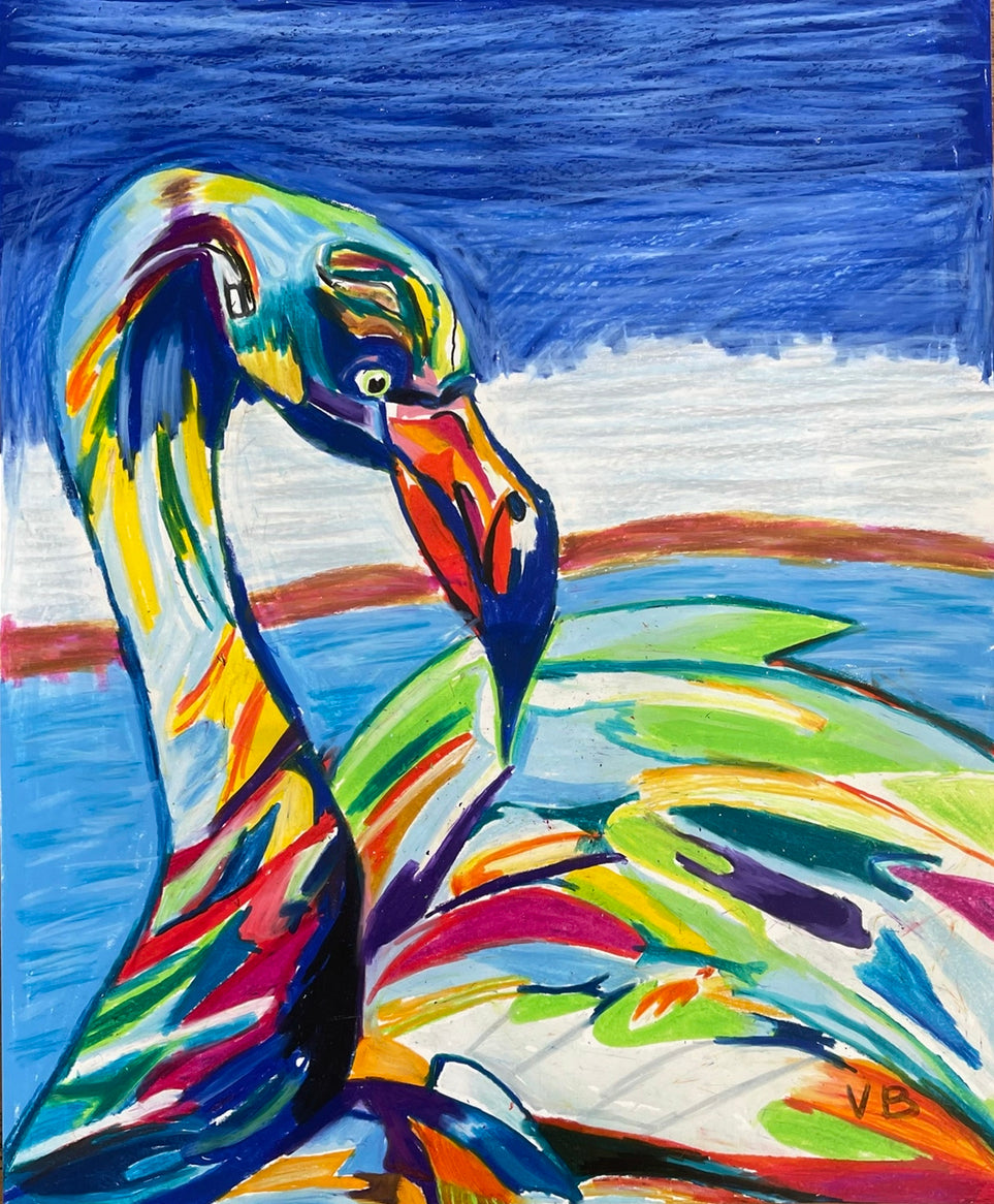 Colorful Flamingo -Framed- ORIGINAL  14x17” - Vichy's Art