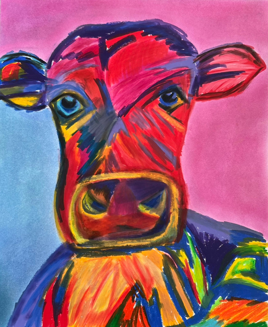 Colorful COW - ORIGINAL Oil Pastel art 14x17"