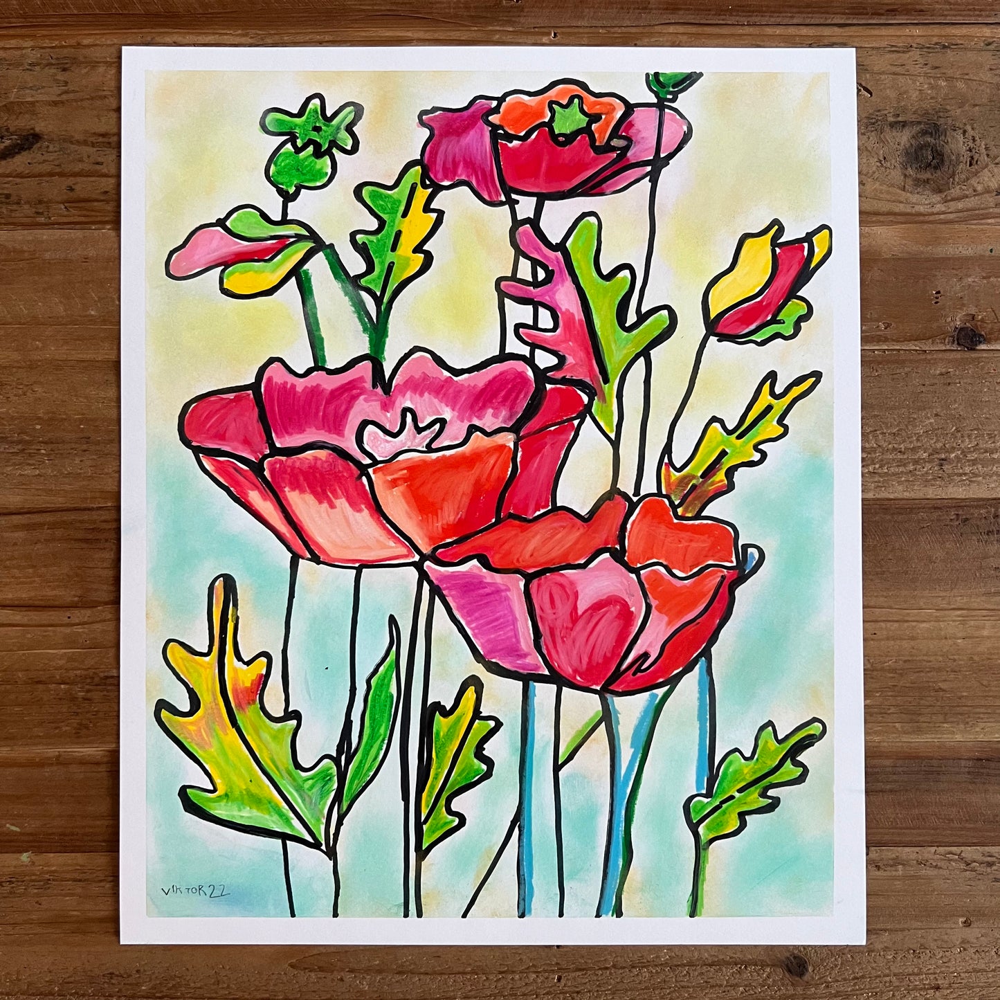 Poppy Flower - ORIGINAL Oil Pastel art 14x17"