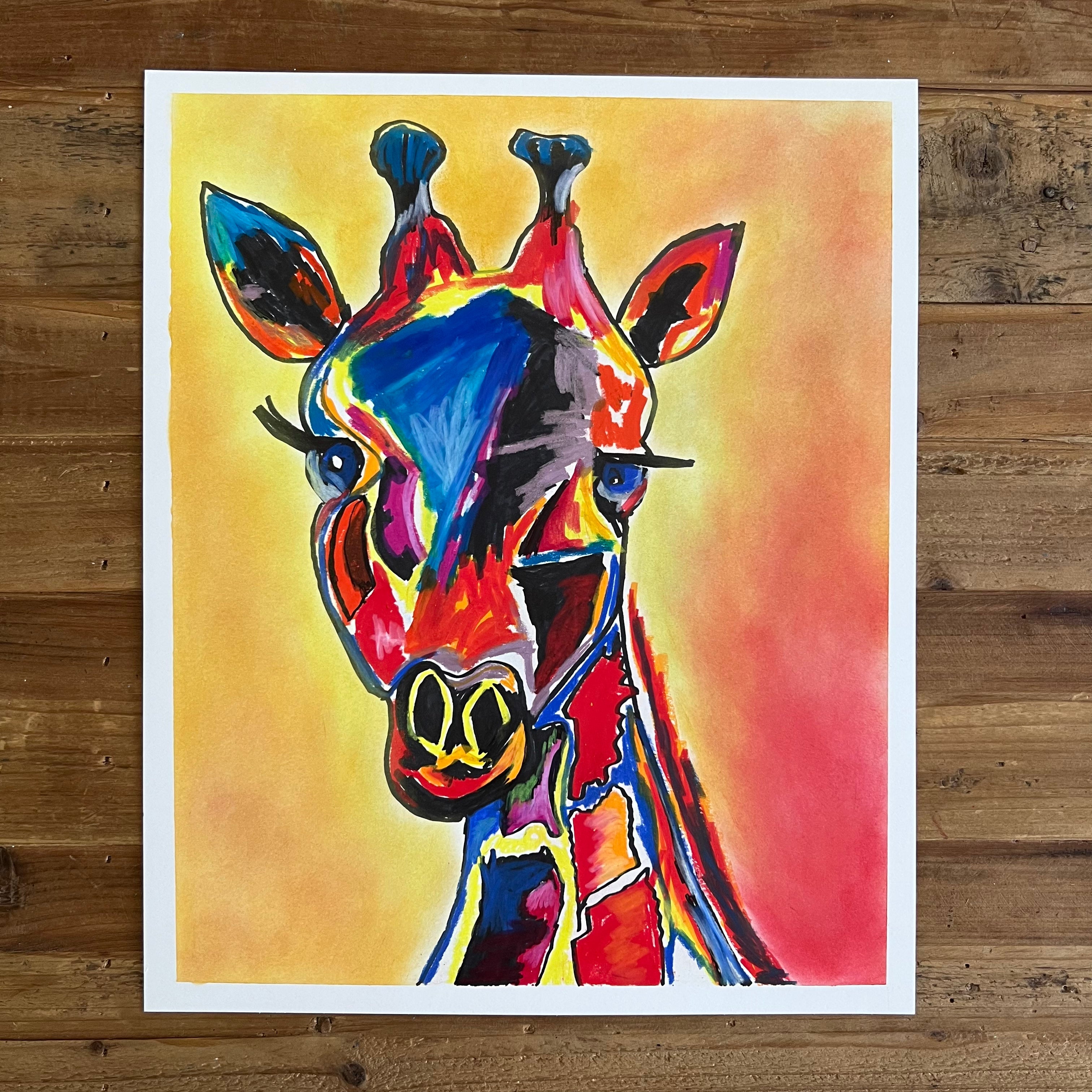 Giraffe - Original oil pastel artwork -  FRAMED - 14x17”