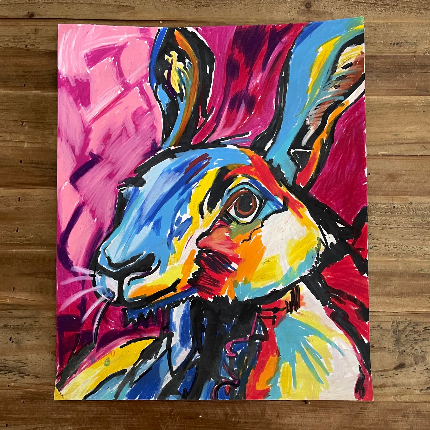 Colorful Rabbit FRAMED - ORIGINAL  14x17” - Vichy's Art