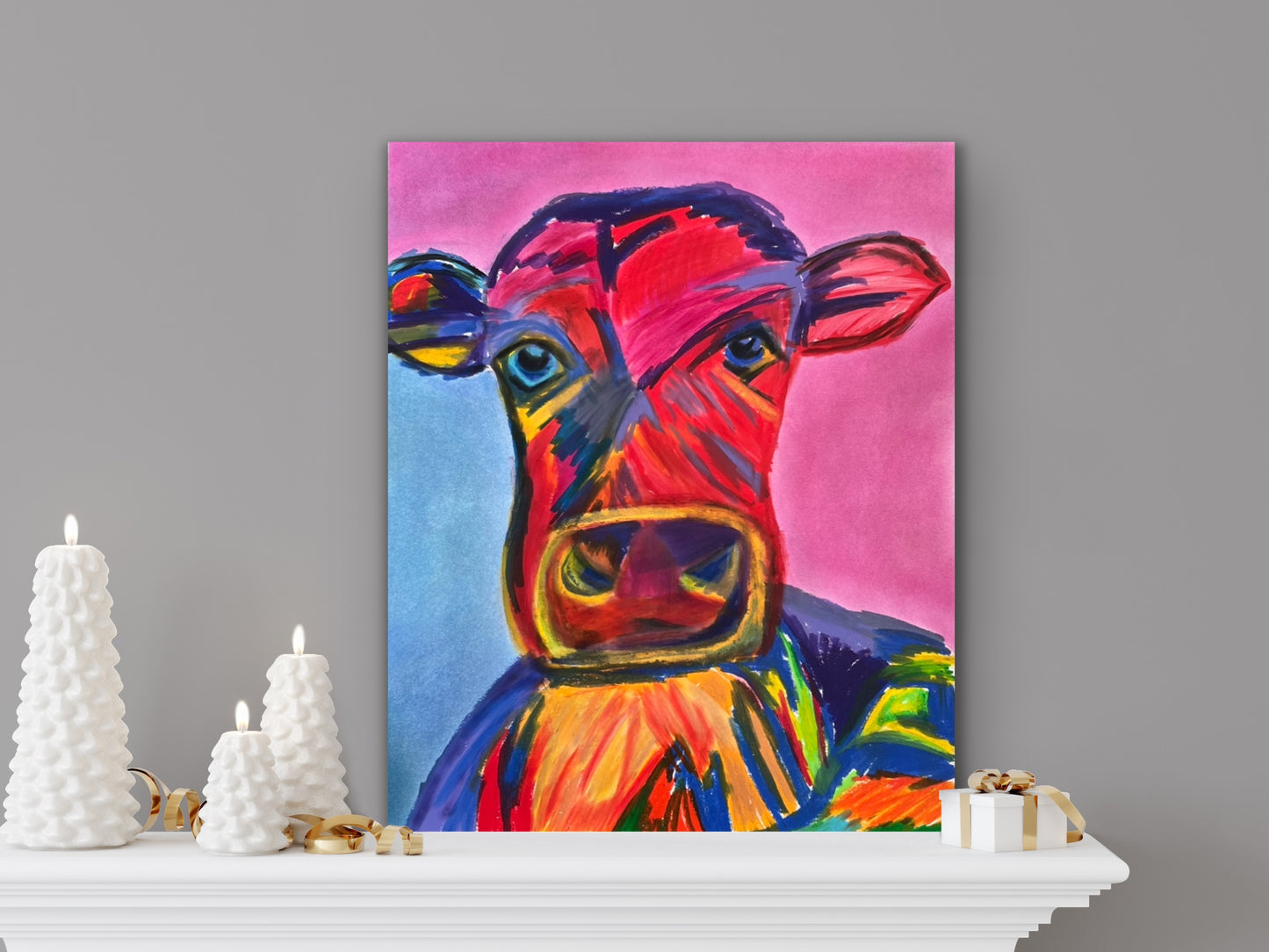 Colorful COW - ORIGINAL Oil Pastel art 14x17"