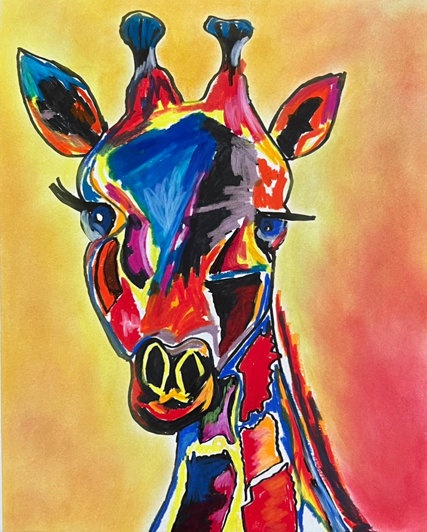 Giraffe - Original oil pastel artwork -  FRAMED - 14x17”