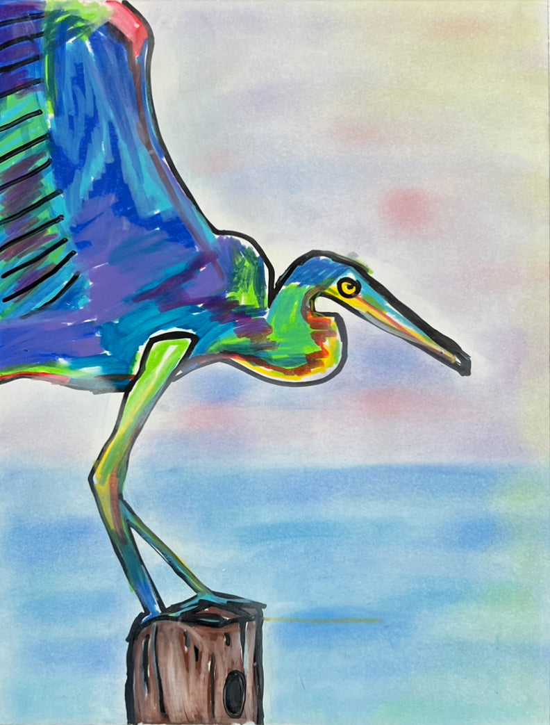 Heron Bird - ORIGINAL OIL PASTEL ARTWORK - 11x14"