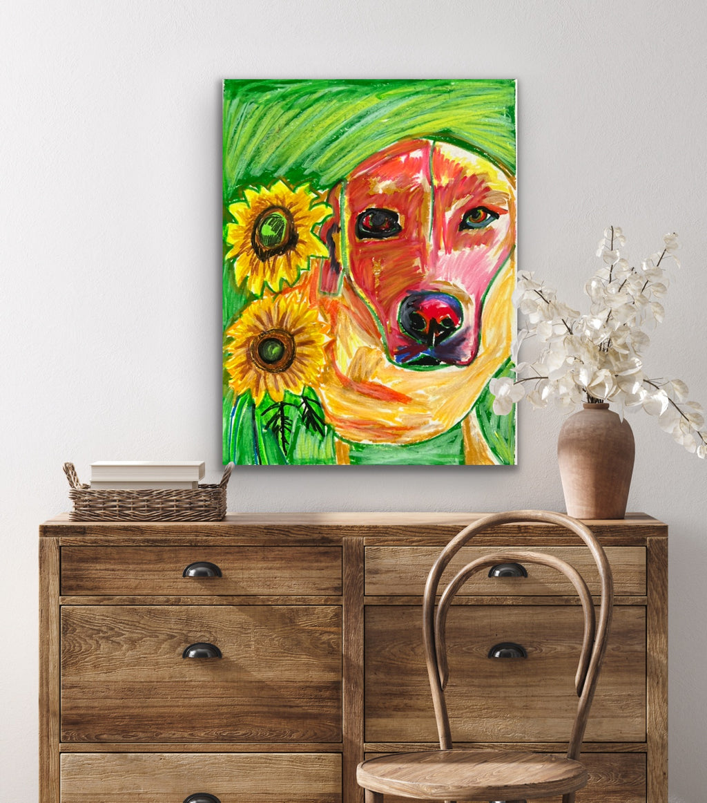 Lab and the Sunflowers - ORIGINAL OIL PASTEL ARTWORK - 11x14"