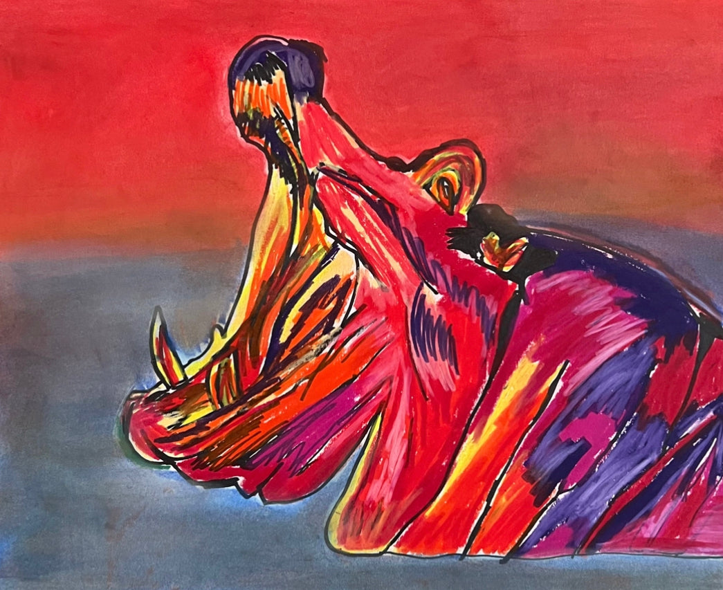 Hippo   - ORIGINAL OIL PASTEL ARTWORK - 14x17" - FRAMED