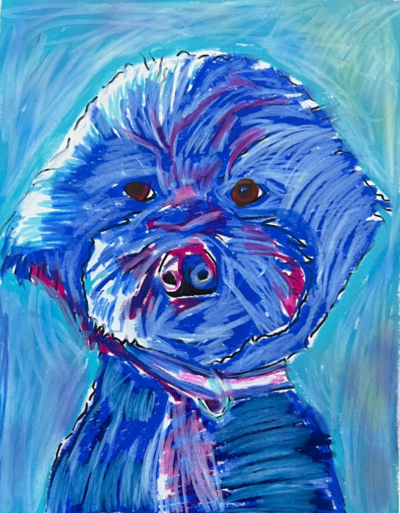 Blue Poodle - ORIGINAL OIL PASTEL ARTWORK - 11x14"
