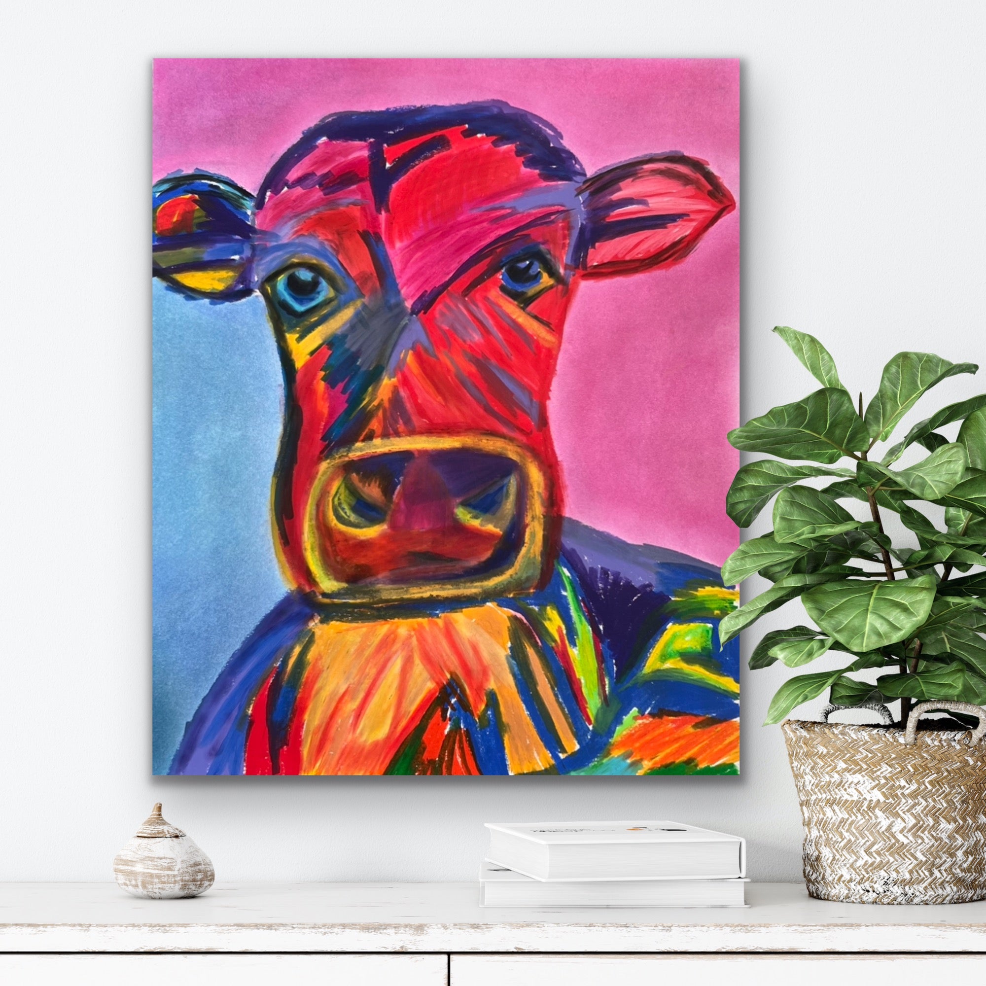 Colorful COW - ORIGINAL Oil Pastel art 14x17"