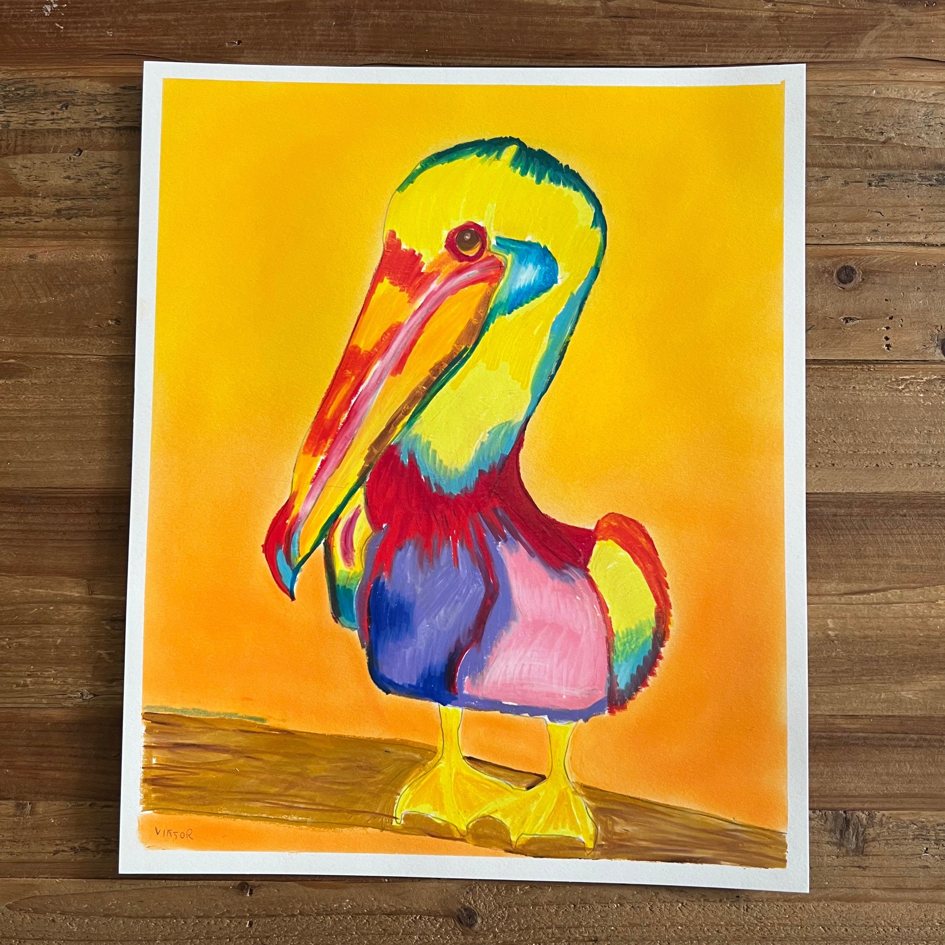 Colorful Pelican - ORIGINAL OIL PASTEL - 14x17”