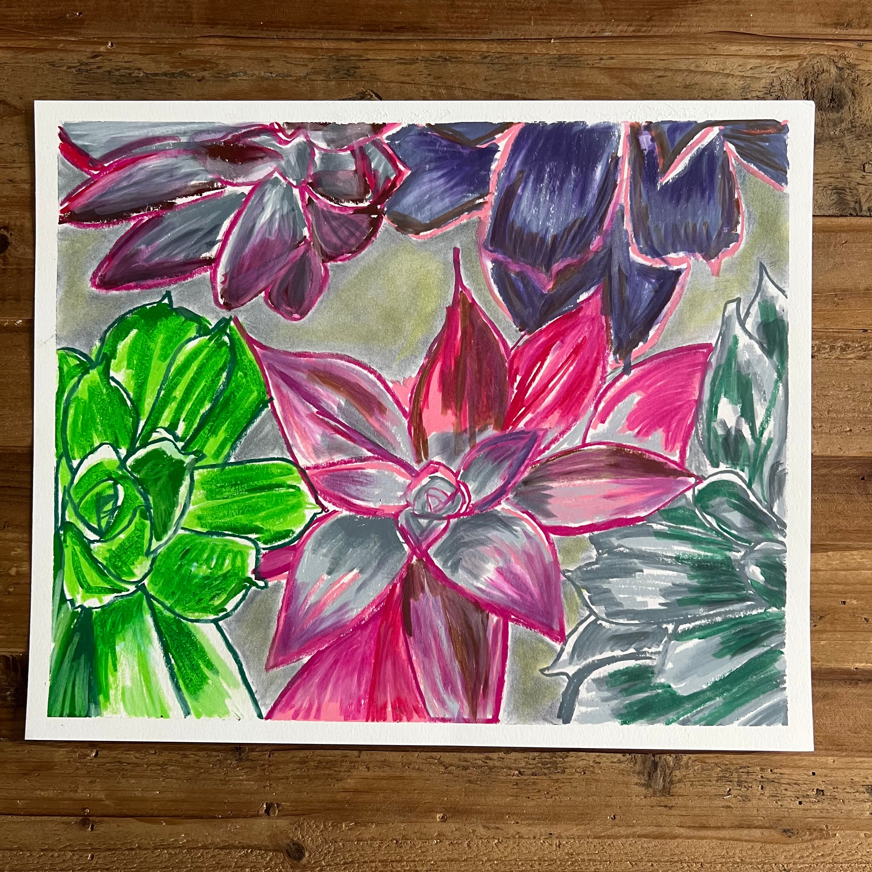 Succulents - ORIGINAL oil pastels 14x17"