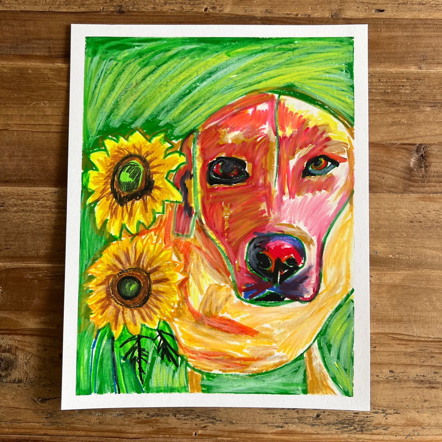 Lab and the Sunflowers - ORIGINAL OIL PASTEL ARTWORK - 11x14"