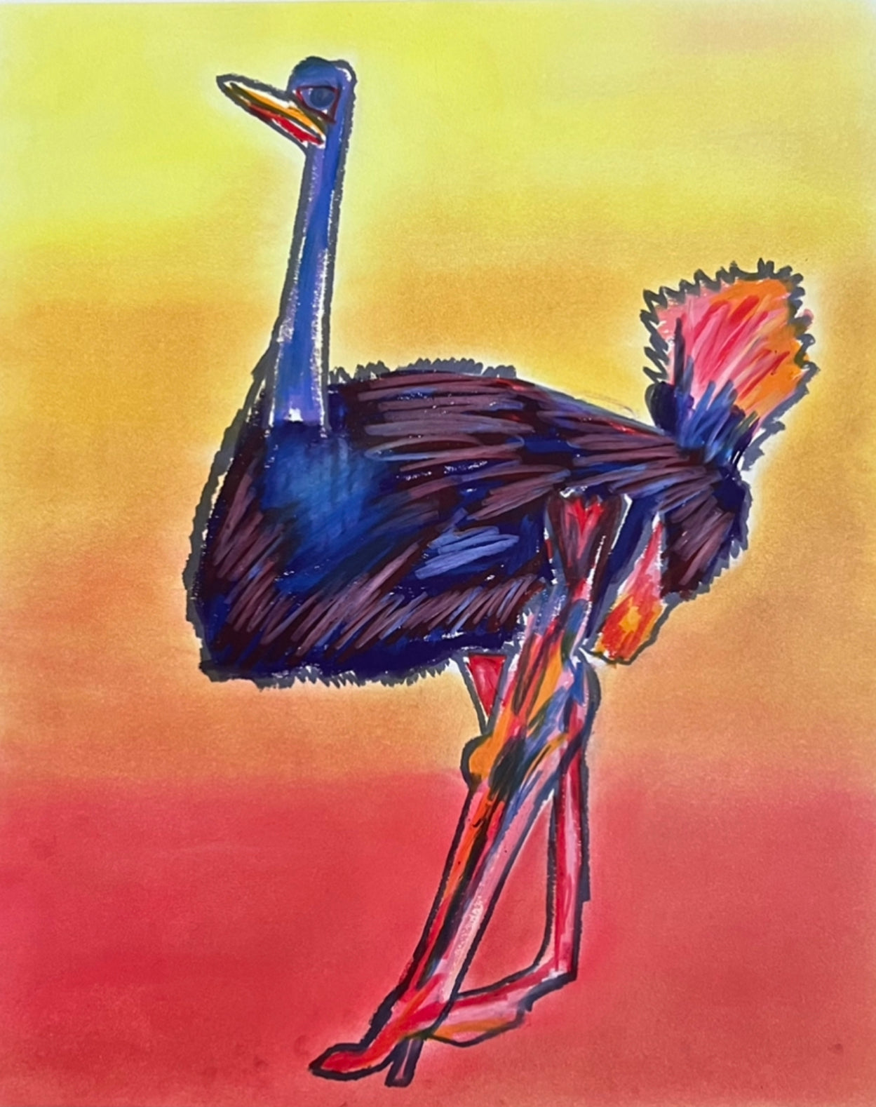 Ostrich  - ORIGINAL  OIL PASTEL ARTWORK - 14x17""