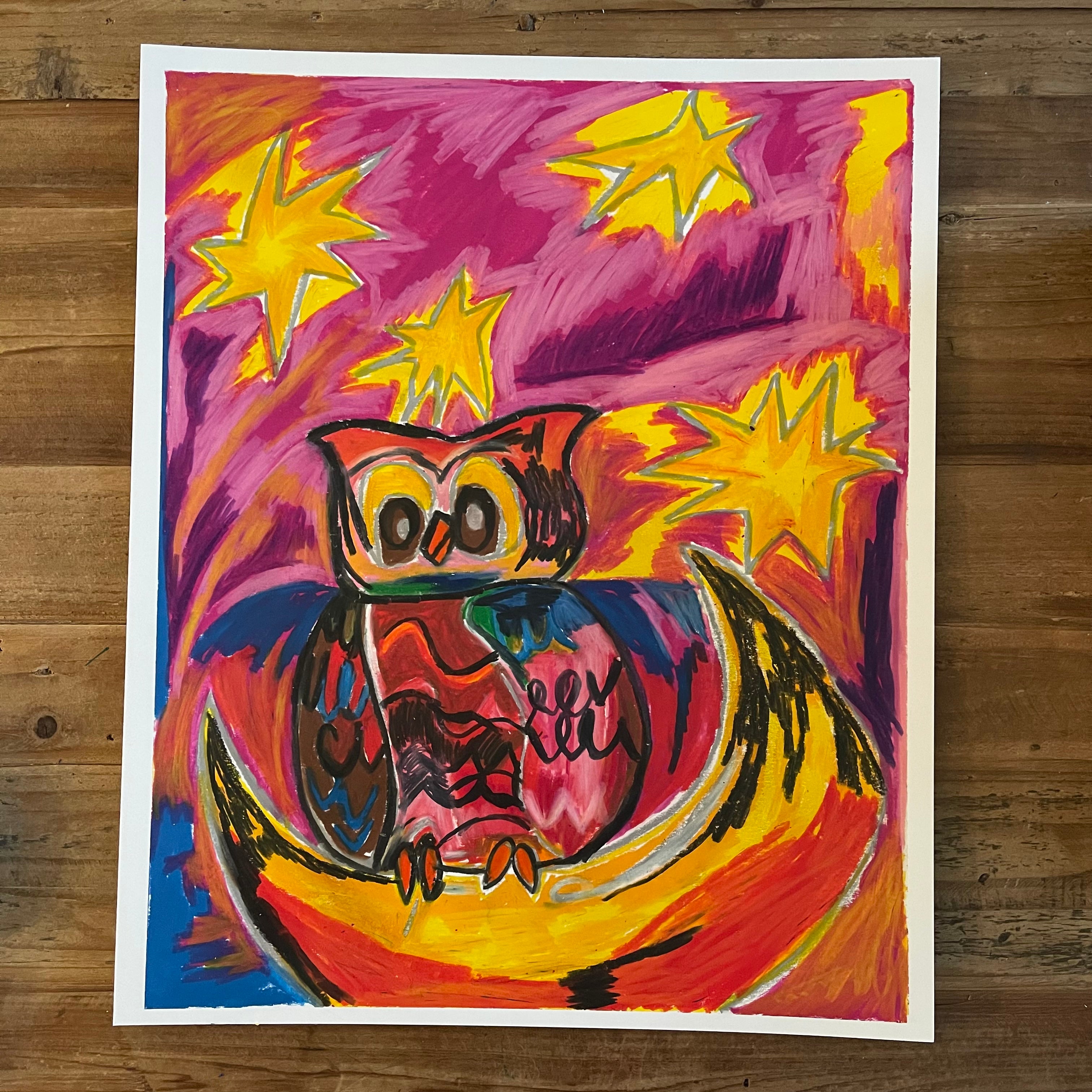 Owl on the Moon -  ORIGINAL 14x17”