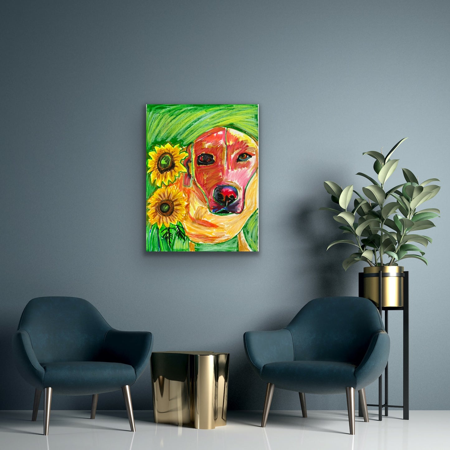 Labrador and the sunflowers - Stretched Canvas Print in more sizes