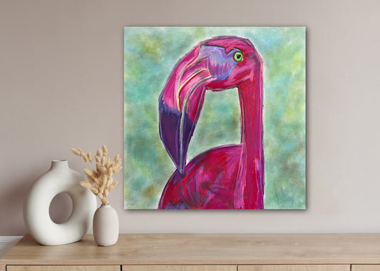 Flamingo Bird - ORIGINAL OIL PASTEL - 19x19”
