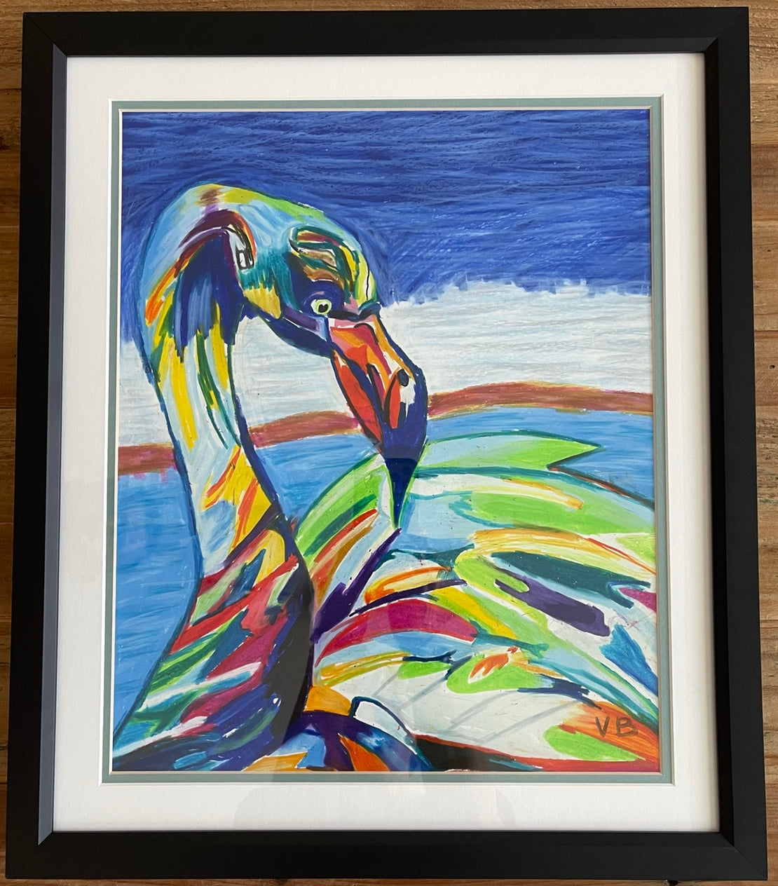Colorful Flamingo -Framed- ORIGINAL  14x17” - Vichy's Art