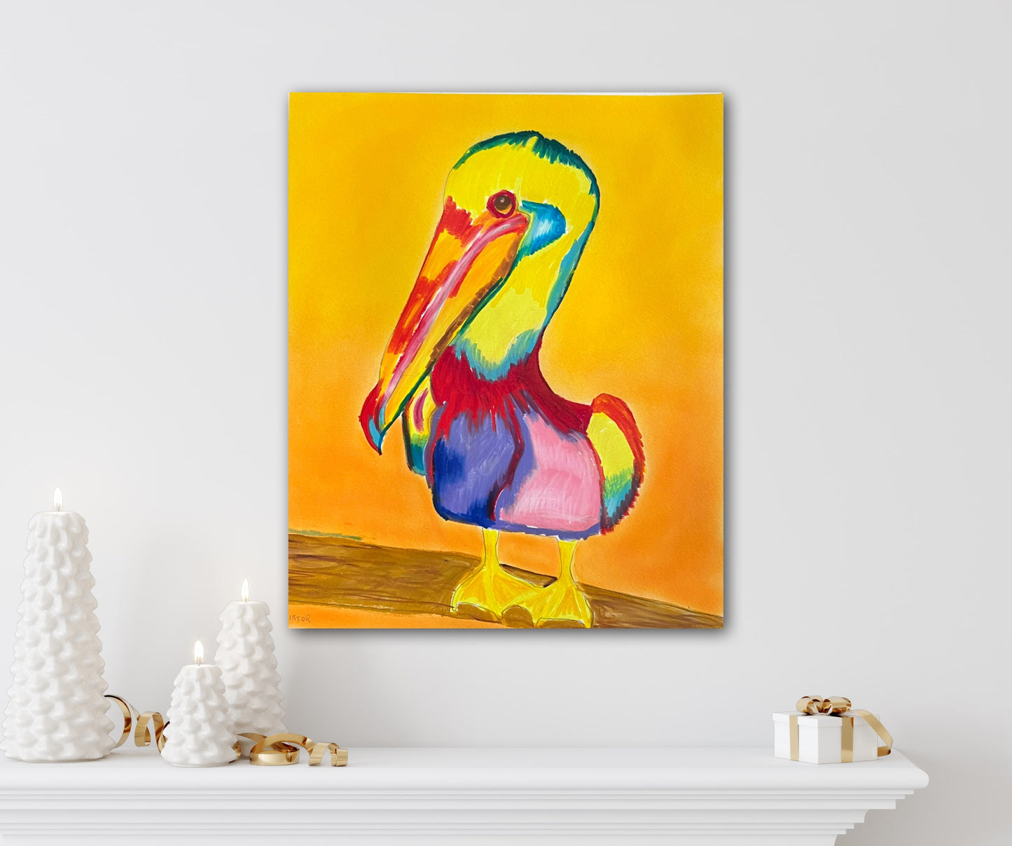 Colorful Pelican - ORIGINAL OIL PASTEL - 14x17”