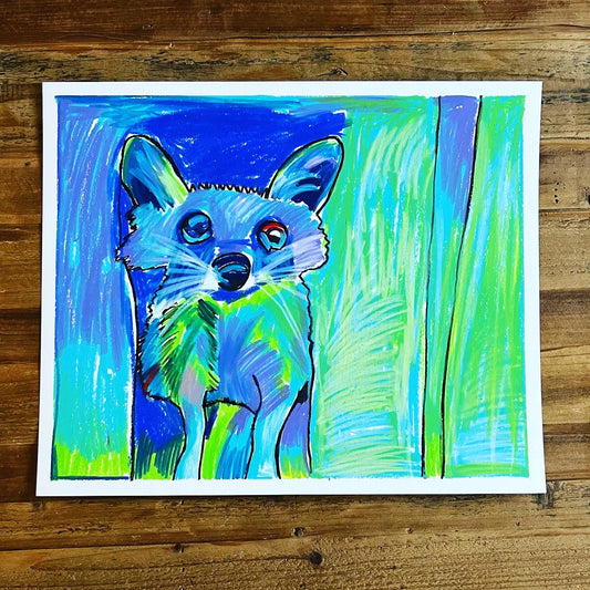 Blue Raccoon - ORIGINAL  OIL PASTEL ARTWORK - 14x17""