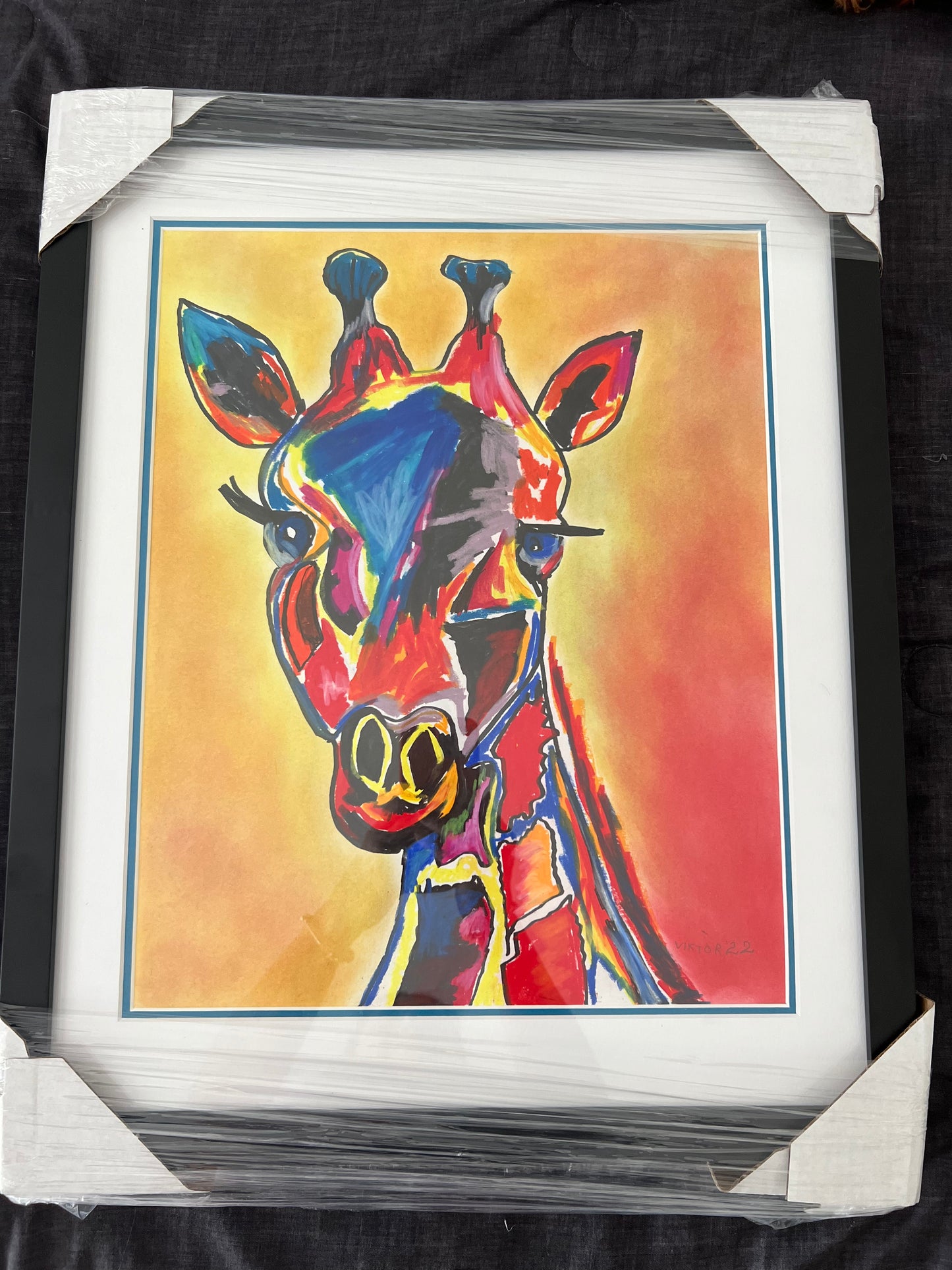 Giraffe - Original oil pastel artwork -  FRAMED - 14x17”
