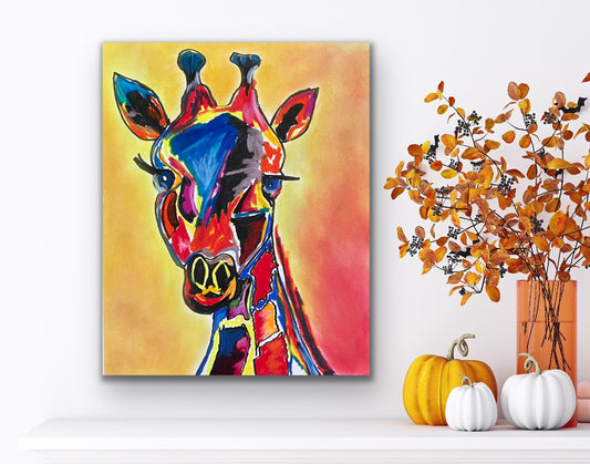 Giraffe - Original oil pastel artwork -  FRAMED - 14x17”