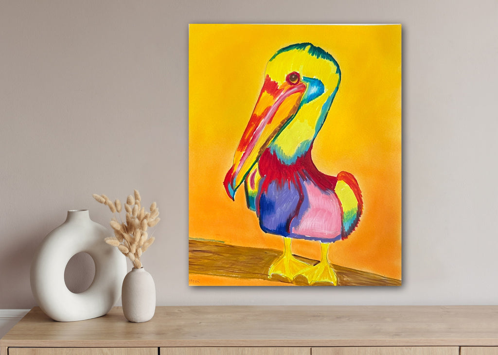 Colorful Pelican - ORIGINAL OIL PASTEL - 14x17”