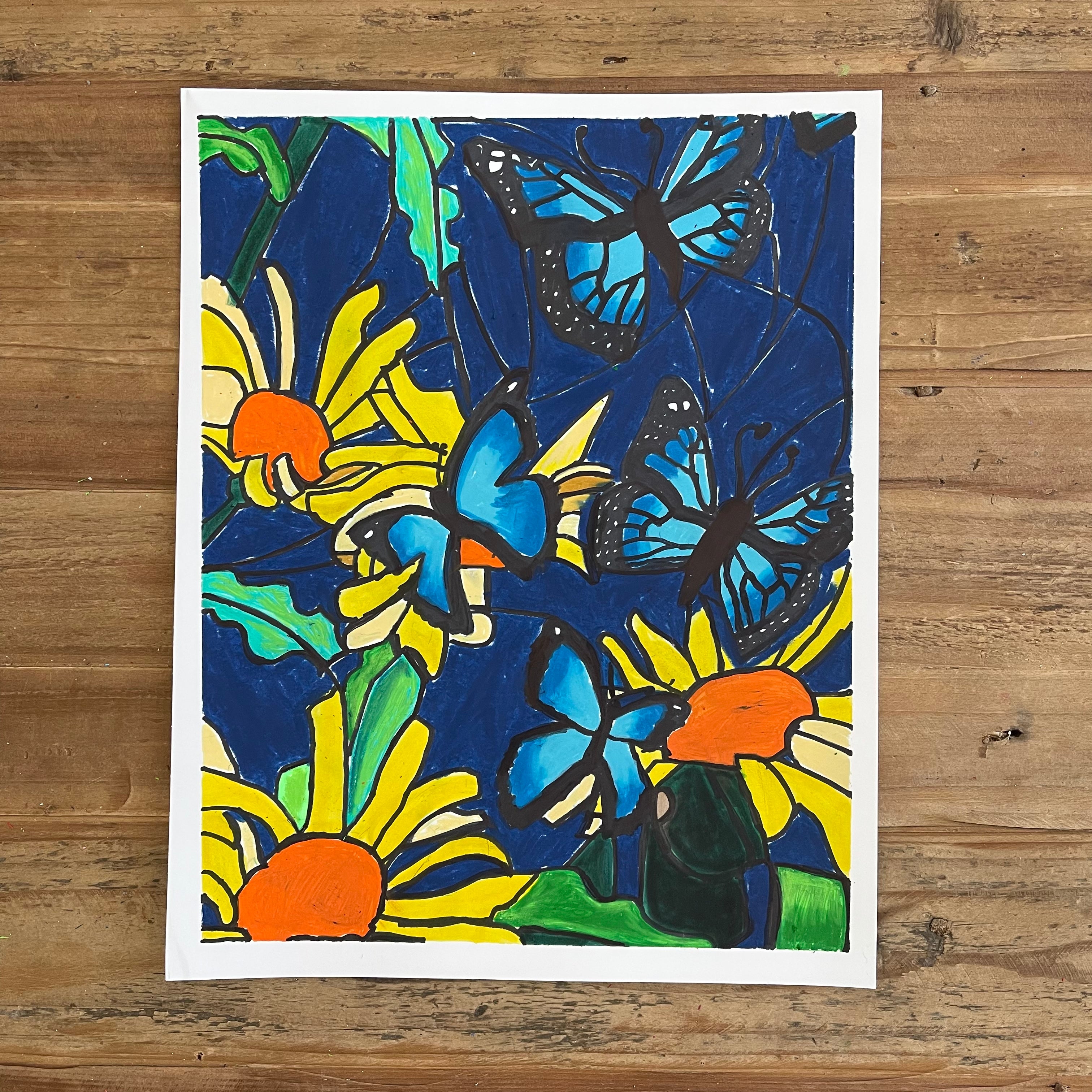 Yellow Flowers & Blue Butterflies  - ORIGINAL 11x14” - Vichy's Art