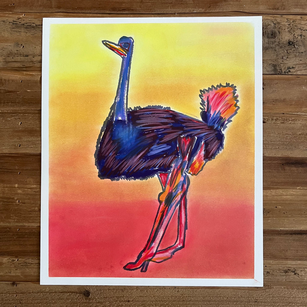 Ostrich  - ORIGINAL  OIL PASTEL ARTWORK - 14x17""