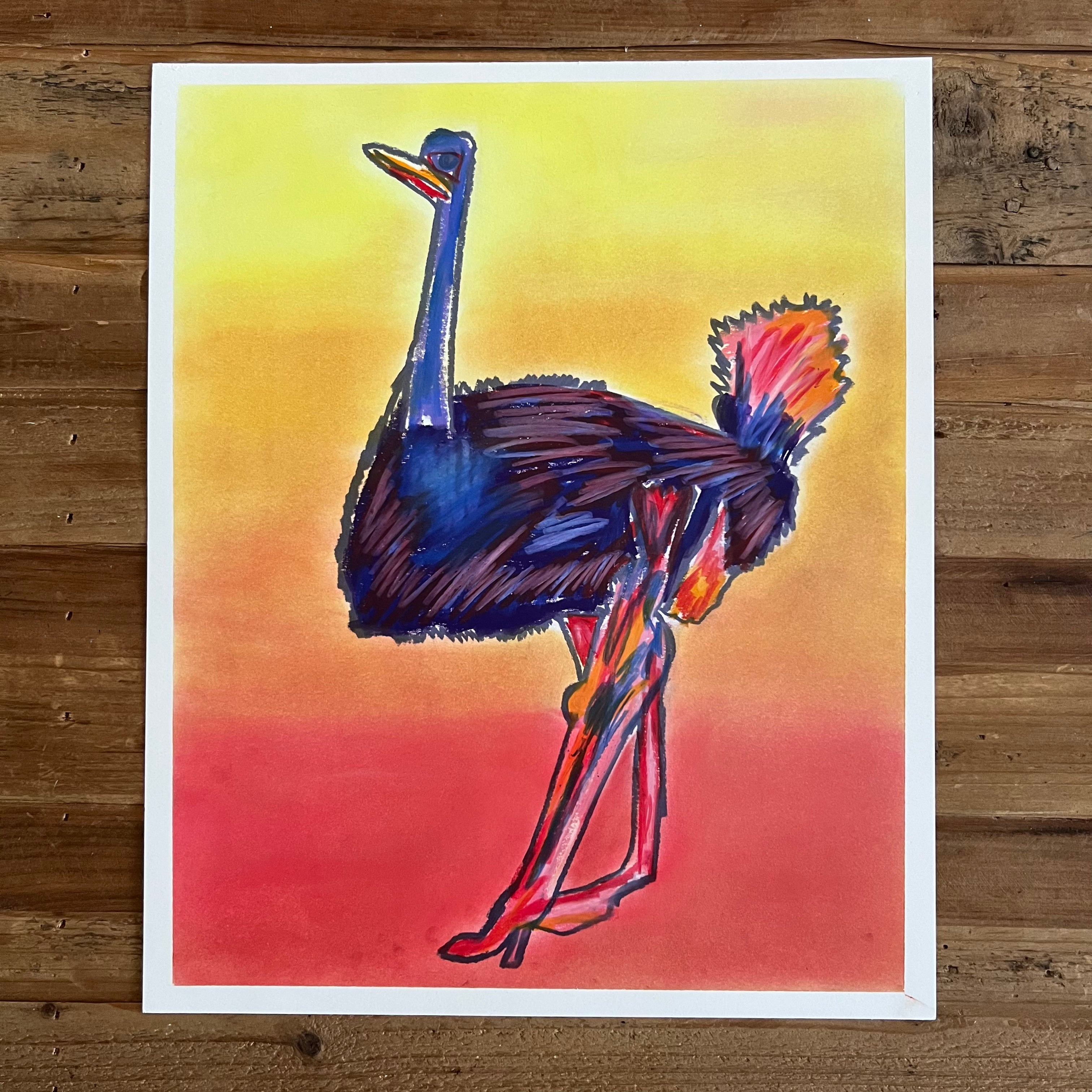 Ostrich  - ORIGINAL  OIL PASTEL ARTWORK - 14x17""