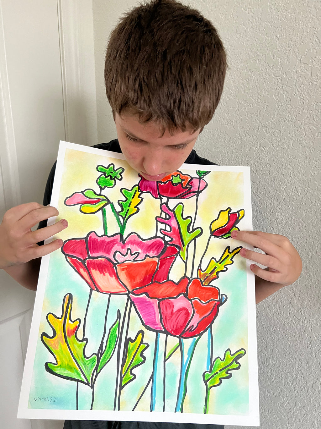 Poppy Flower - ORIGINAL Oil Pastel art 14x17"