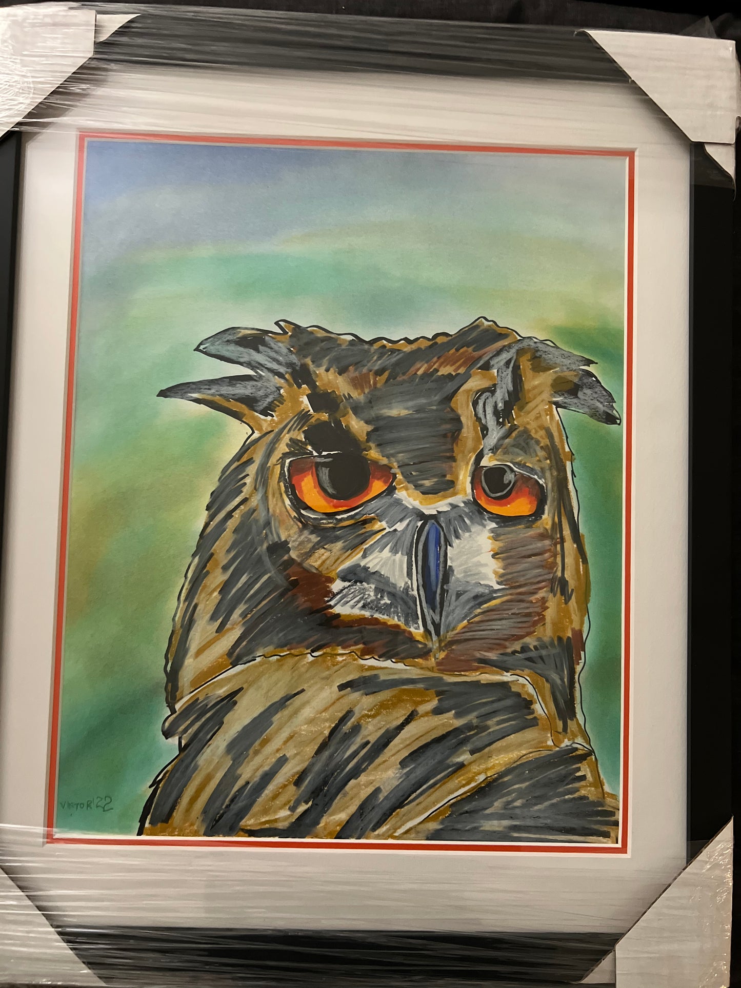 Owl   - ORIGINAL OIL PASTEL ARTWORK - 14x17" - FRAMED