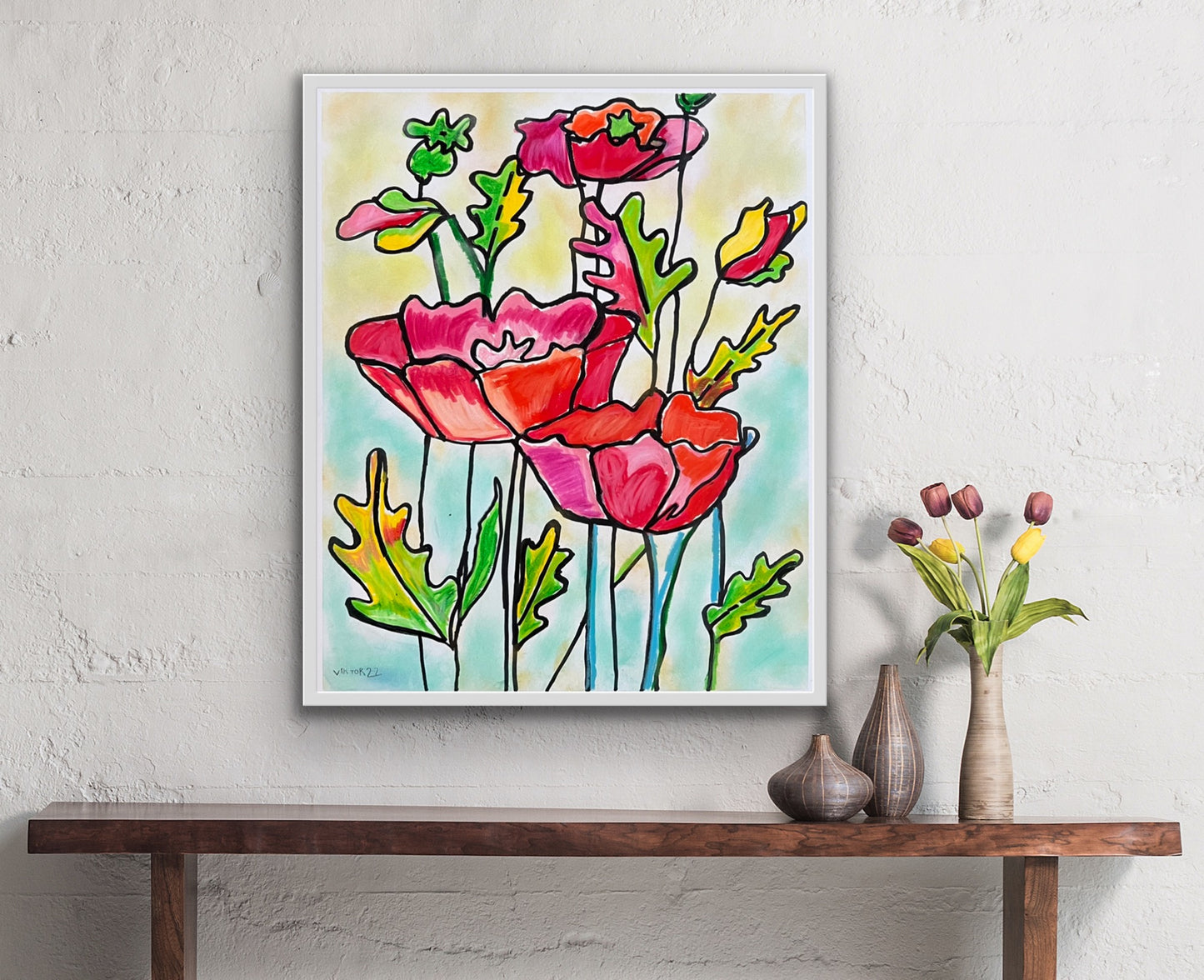 Poppy Flower - ORIGINAL Oil Pastel art 14x17"