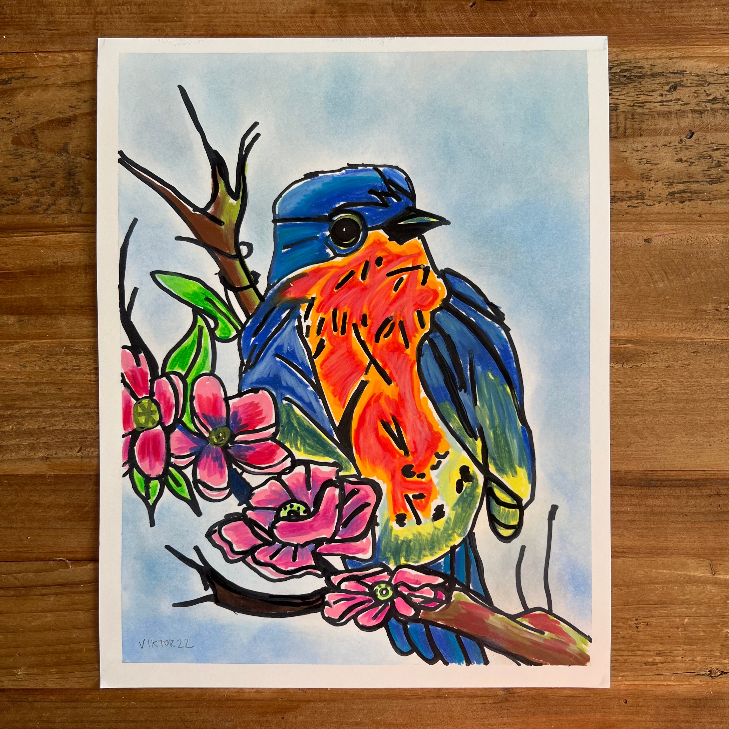Blue Bird - ORIGINAL OIL PASTEL ARTWORK - 11x14"