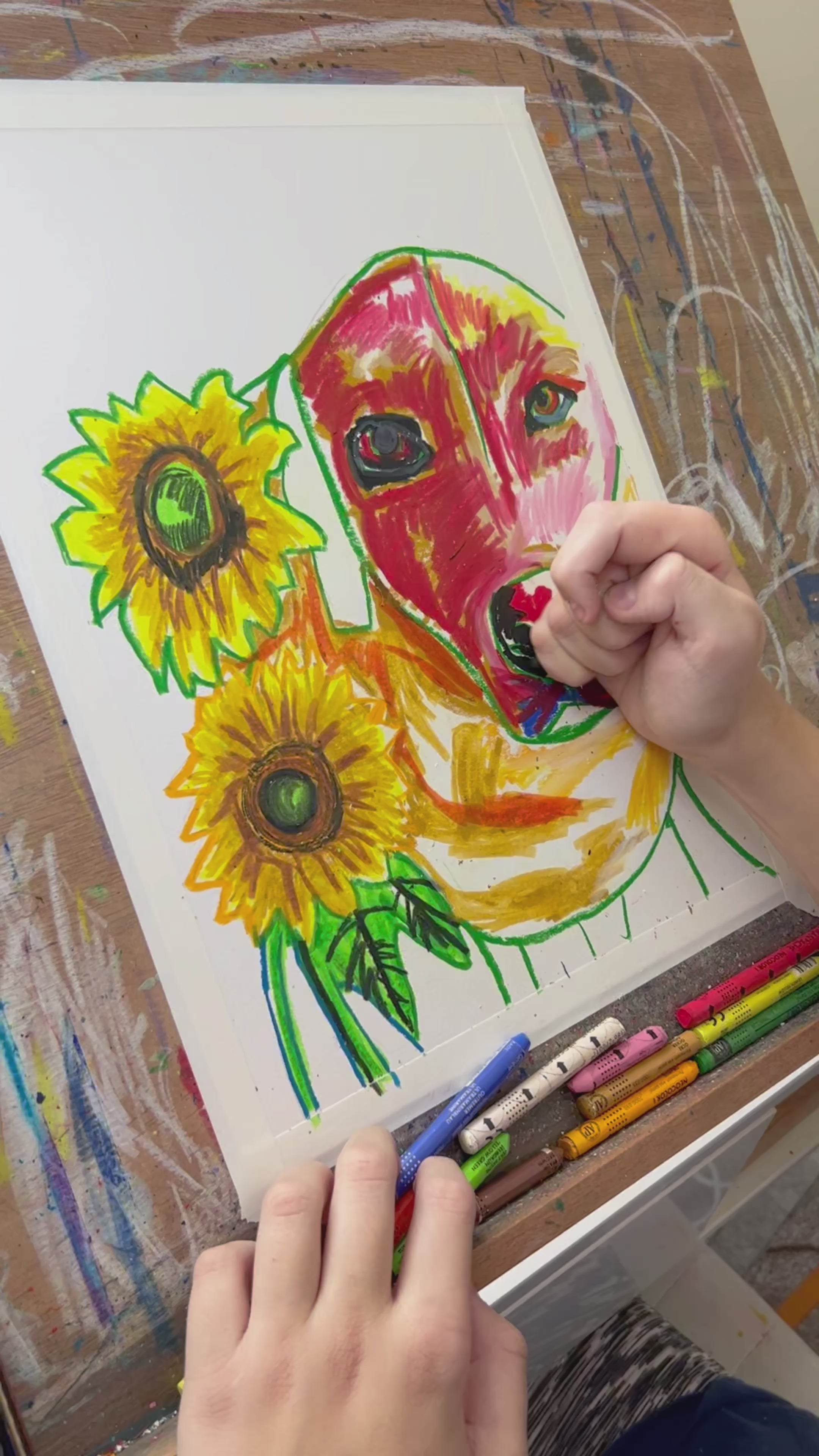 Lab and the Sunflowers - ORIGINAL OIL PASTEL ARTWORK - 11x14"